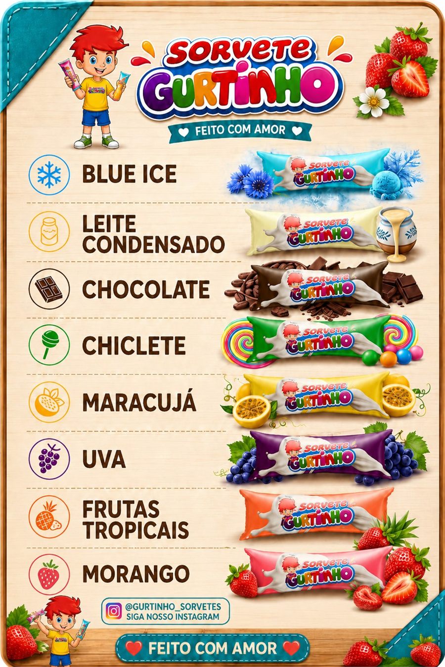 Oito sabores de sorvetes Gurtinho